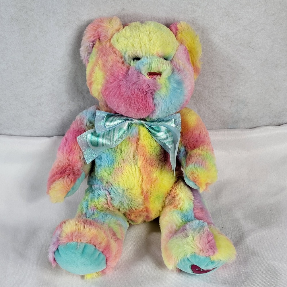 Hug Fun 14" Rainbow Teddy Bear Tye Dyed Heart Foot Plush Stuffed Animal Toy
